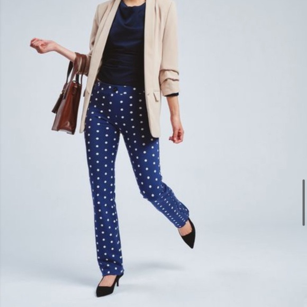 Betabrand straight leg blue polka dot dress pant yoga pants, Large Petite